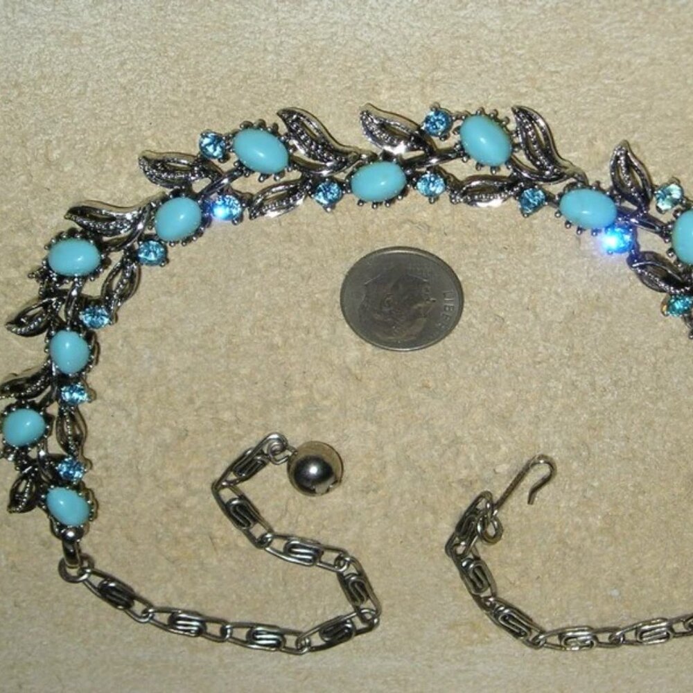 Signed Lisner Rhinestone Choker Necklace with Robins Egg Blue Turquoise Cabochon